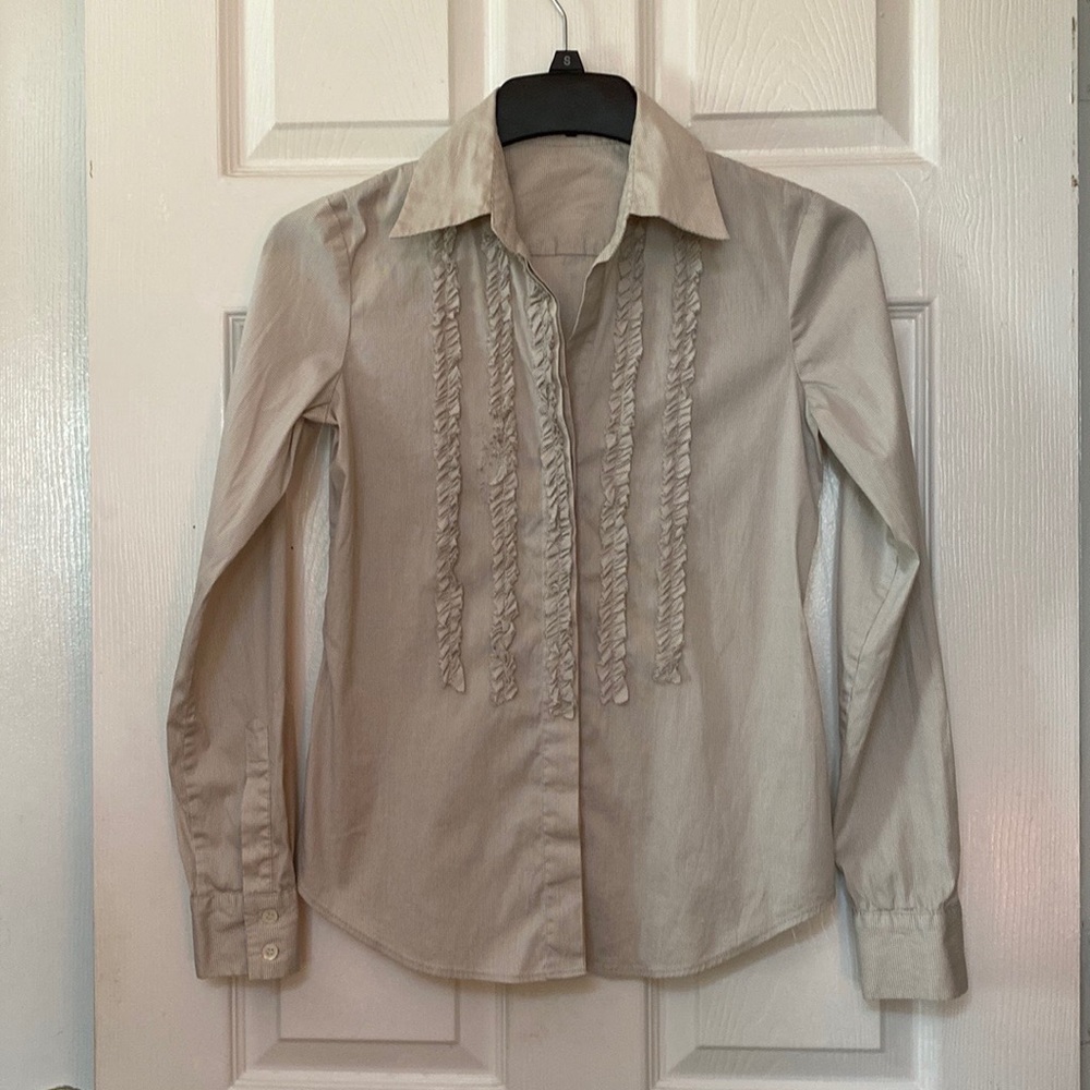 THEORY Grey Tuxedo Ruffle Front Button Down Shirt